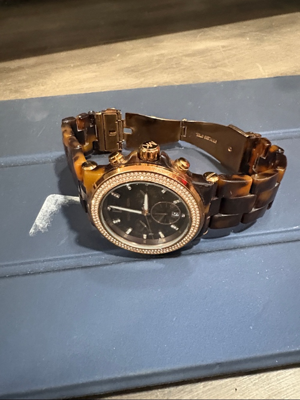 Michael Kors Tortoise Shell and Black Crystal Bezel Watch